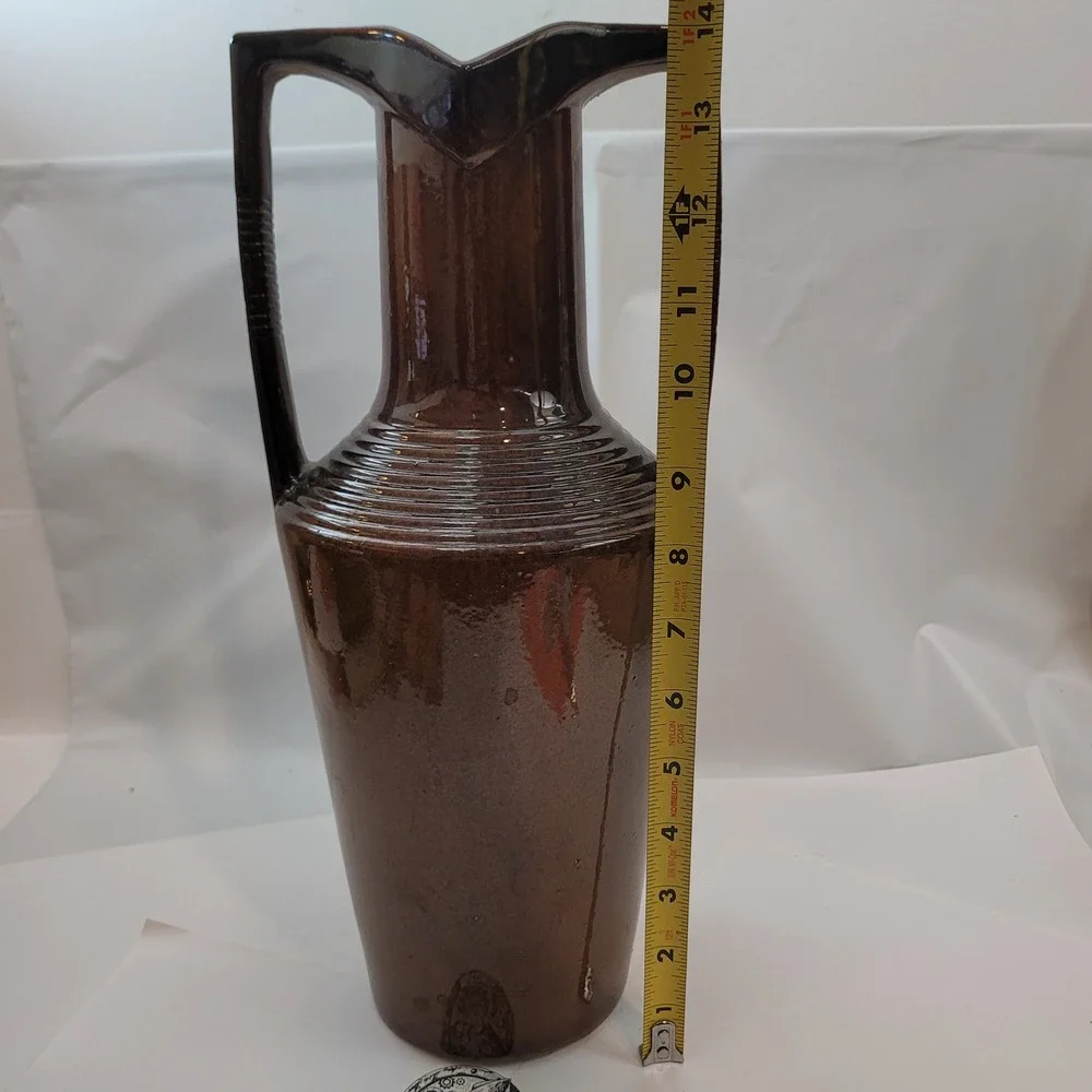 Nemadji Pottery Vase 4688P Vintage Modern Brown Glazed Ribbed Dual Handle 14